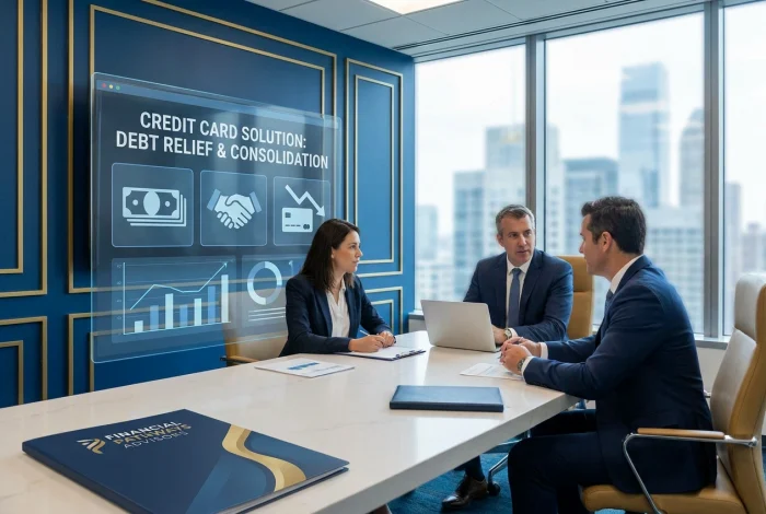 Credit Card financial advisors discuss debt relief presentation in modern office